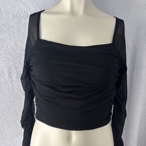 Black Mesh Long Sleeve Top Square‎ Neck Ruched Crop Top Party Blouse
